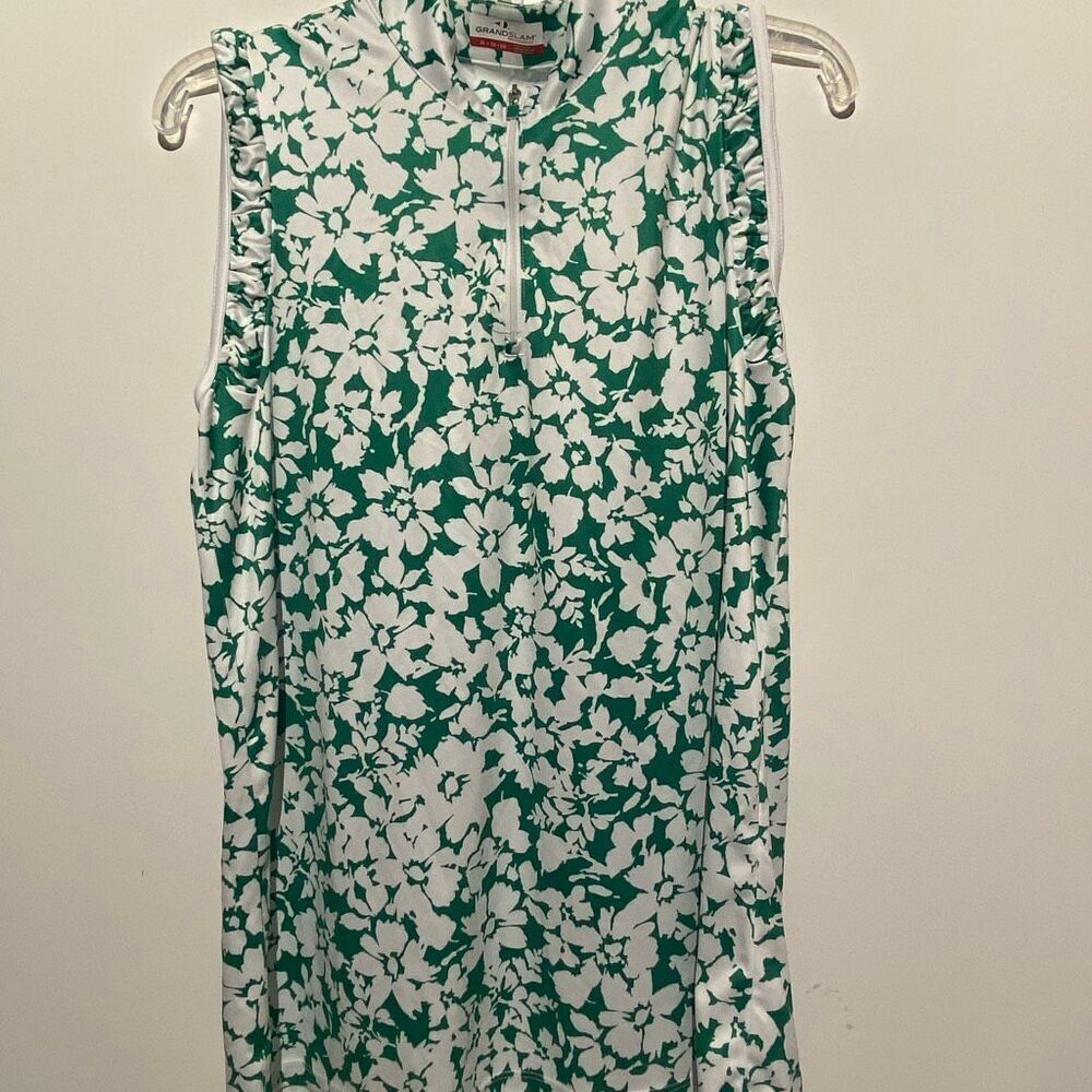 Grand Slam Women's Green White Performance Floral Golf Polo Tank Top Size XL‎